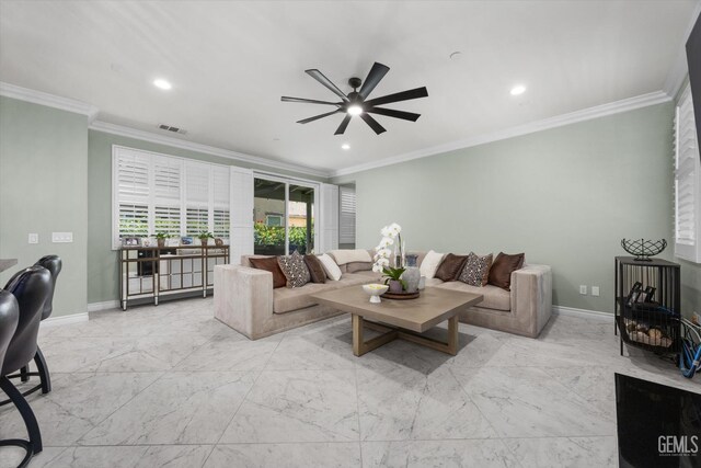 28537 Vista Del Rio Dr, Valencia, CA 91354 - living room featuring ceiling fan, ornamental molding, marble look tile flooring, and recessed lighting