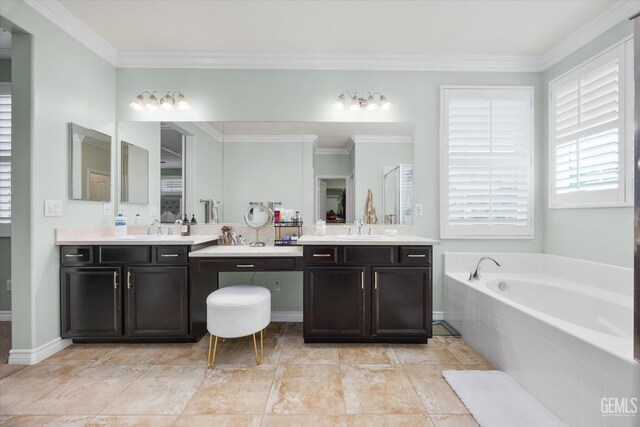 28537 Vista Del Rio Dr, Valencia, CA 91354 - full bath featuring vanity, a garden tub, and ornamental molding