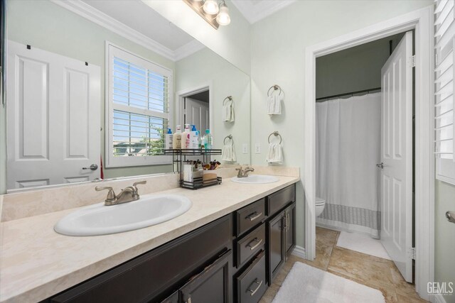 28537 Vista Del Rio Dr, Valencia, CA 91354 - full bathroom with ornamental molding, double vanity, and curtained shower