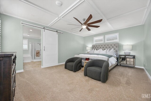 28537 Vista Del Rio Dr, Valencia, CA 91354 - bedroom with a barn door, coffered ceiling, carpet, ceiling fan, and connected bathroom