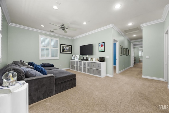 28537 Vista Del Rio Dr, Valencia, CA 91354 - living area featuring light carpet, crown molding, recessed lighting, and ceiling fan