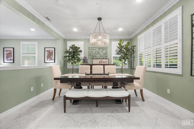28537 Vista Del Rio Dr, Valencia, CA 91354 - dining area with marble finish floors, a chandelier, ornamental molding, and recessed lighting