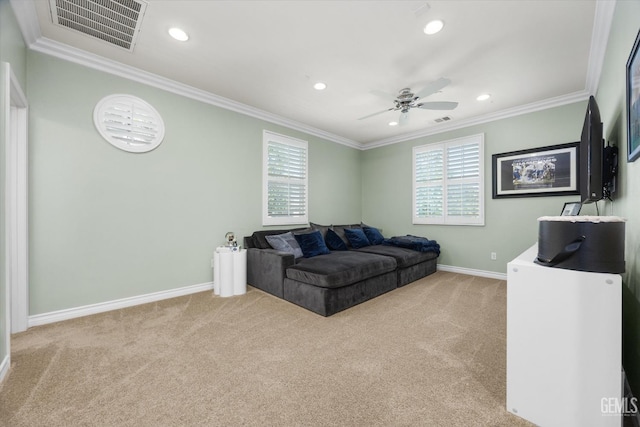 28537 Vista Del Rio Dr, Valencia, CA 91354 - living area with carpet, recessed lighting, crown molding, ceiling fan, and plenty of natural light