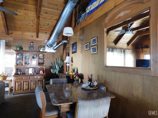 45796 Carlin Dr, Posey, CA 93260 - dining area with ceiling fan, wooden ceiling, and wooden walls