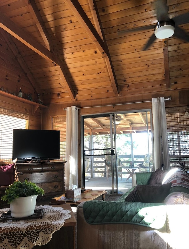 45796 Carlin Dr, Posey, CA 93260 - living area with a ceiling fan, wood walls, and wooden ceiling