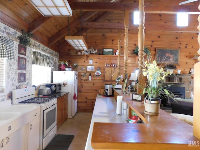 45796 Carlin Dr, Posey, CA 93260 - kitchen with white appliances, wooden walls, and wooden ceiling