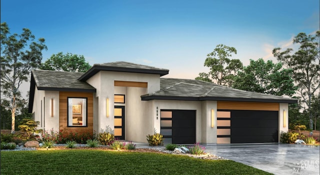 view of front of house featuring stucco siding, an attached garage, concrete driveway, and a front lawn