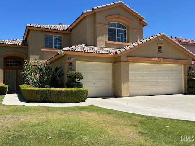 7412 Indian Gulch St, Bakersfield, CA 93313 - mediterranean / spanish house with a tiled roof, stucco siding, driveway, and a front yard