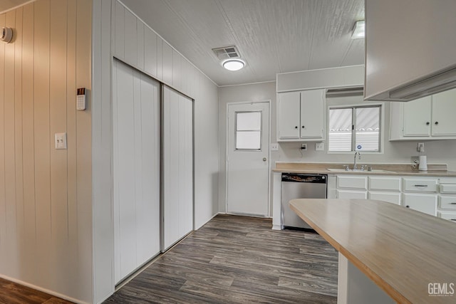 400 E Roberts Ln Unit 48, Bakersfield, CA 93308 - kitchen featuring stainless steel dishwasher, dark wood-style flooring, and white cabinets