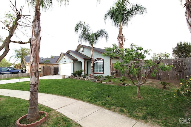 view of front of house featuring stucco siding, fence, a front lawn, an attached garage, and concrete driveway