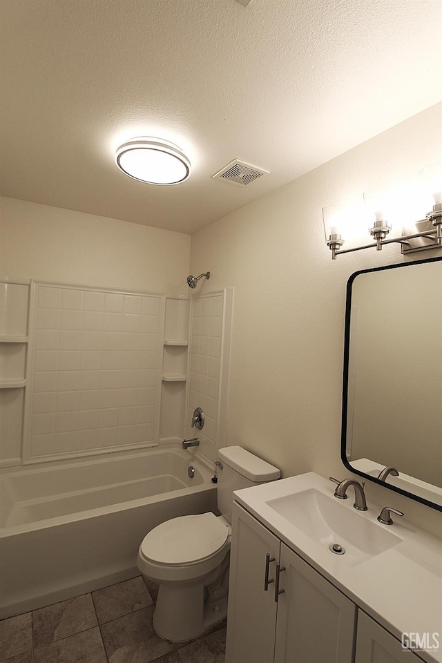 full bath with vanity, a textured ceiling, toilet, visible vents, and bathtub / shower combination