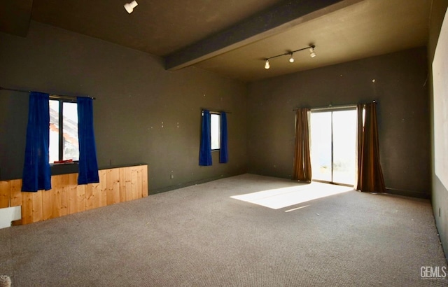 25231 Paramount Dr, Tehachapi, CA 93561 - spare room with carpet, beamed ceiling, track lighting, and wooden walls