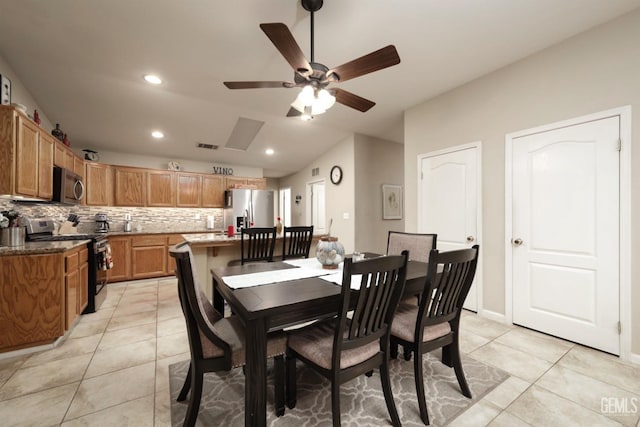 dining area with recessed lighting, light tile patterned flooring, visible vents, and baseboards