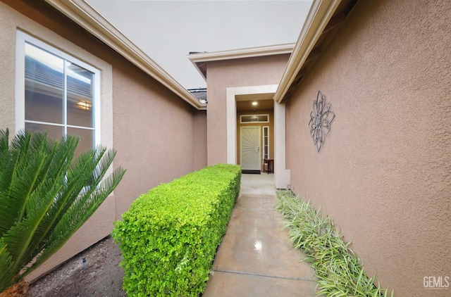 property entrance with stucco siding