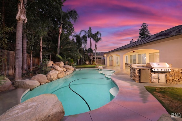 4400 Cron Way, Bakersfield, CA 93311 - pool at dusk with a ceiling fan and a patio area
