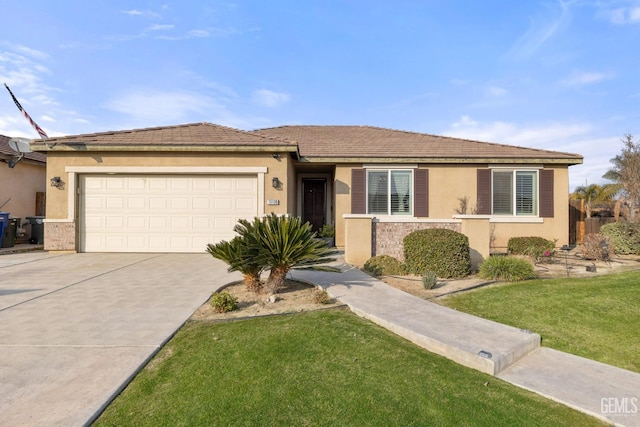 ranch-style house with a garage and a front lawn