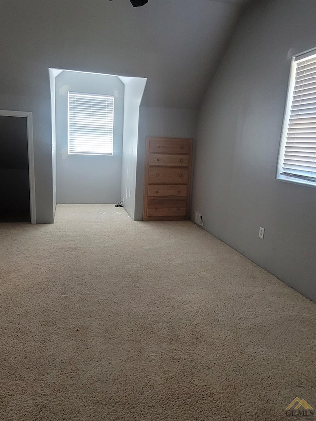 bonus room featuring carpet floors, vaulted ceiling, and ceiling fan