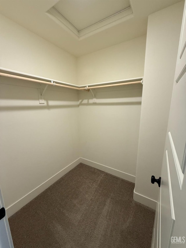 spacious closet featuring attic access, dark carpet, and a raised ceiling