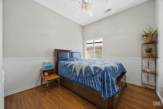 4504 Polo Club Dr, Bakersfield, CA 93312 - bedroom featuring wood finished floors, wainscoting, ceiling fan, and vaulted ceiling