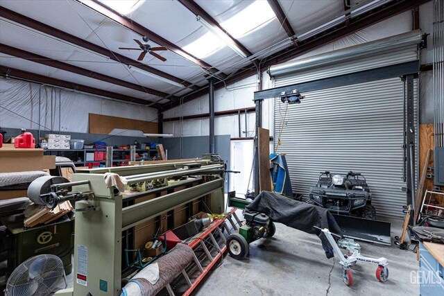 garage with a ceiling fan
