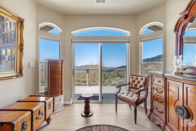 sitting room with visible vents, a mountain view, light wood finished floors, and a wealth of natural light