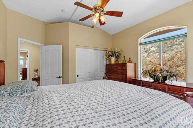 bedroom featuring a closet, a ceiling fan, and vaulted ceiling