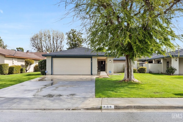 single story home with fence, driveway, stucco siding, a front lawn, and a garage