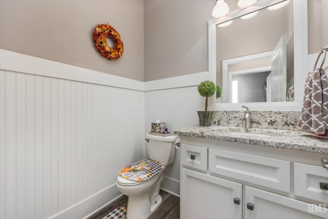 bathroom with vanity, toilet, and wood-type flooring