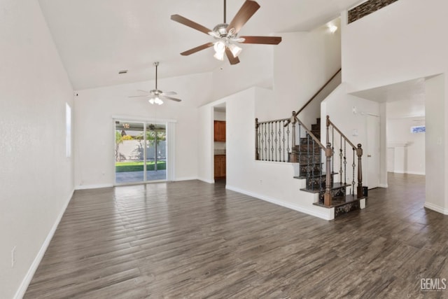 unfurnished living room featuring ceiling fan, dark hardwood / wood-style floors, and high vaulted ceiling