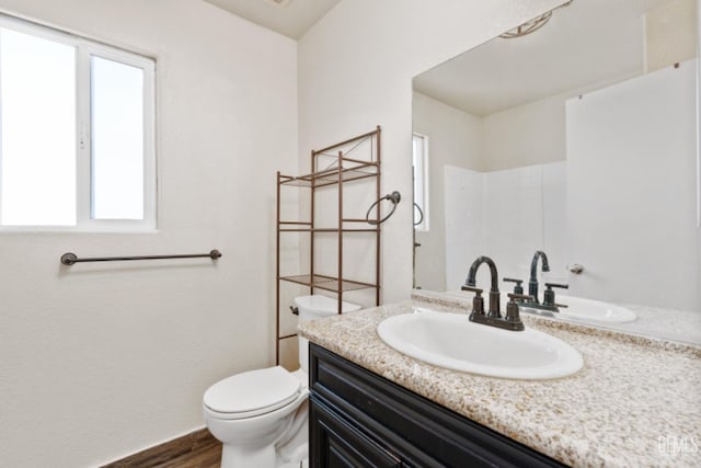 bathroom with hardwood / wood-style flooring, vanity, and toilet