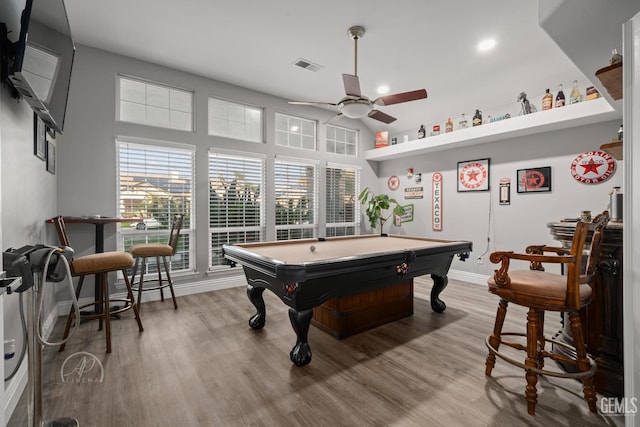 game room featuring ceiling fan, visible vents, billiards, and wood finished floors