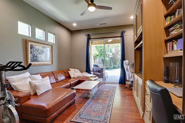 1881 Richert Ave, Clovis, CA 93611 - living room featuring wood finished floors, plenty of natural light, a ceiling fan, a desk, and recessed lighting