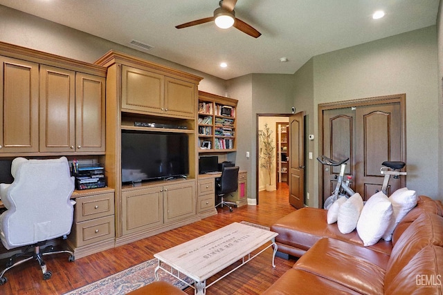1881 Richert Ave, Clovis, CA 93611 - home office featuring built in desk, a ceiling fan, wood finished floors, and recessed lighting