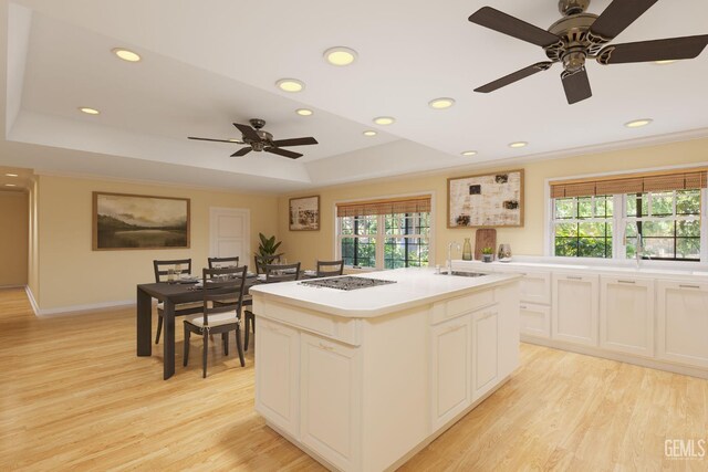 1191 Edmund St, Bakersfield, CA 93309 - kitchen featuring light wood finished floors, healthy amount of natural light, light countertops, a raised ceiling, and recessed lighting