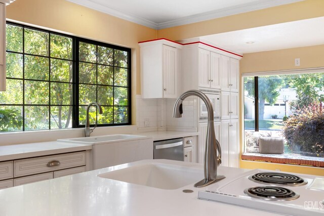 1191 Edmund St, Bakersfield, CA 93309 - kitchen with light countertops, stainless steel dishwasher, white cabinetry, tasteful backsplash, and ornamental molding