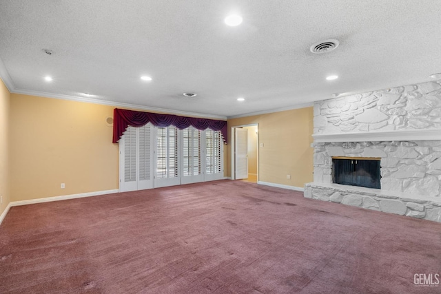 1191 Edmund St, Bakersfield, CA 93309 - unfurnished living room with crown molding, recessed lighting, a textured ceiling, a fireplace, and carpet