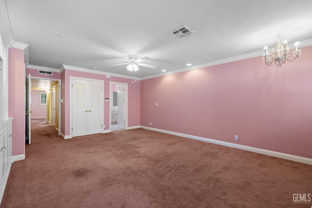 1191 Edmund St, Bakersfield, CA 93309 - unfurnished bedroom featuring carpet, crown molding, a chandelier, ensuite bathroom, and recessed lighting