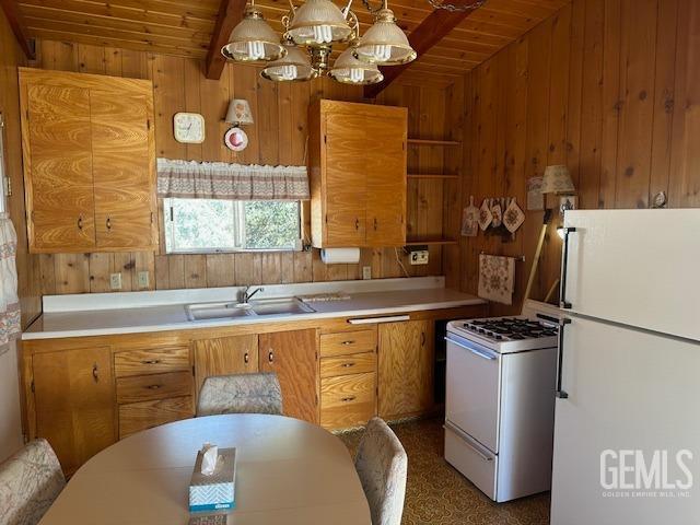 kitchen featuring wood walls, sink, wood ceiling, and white appliances