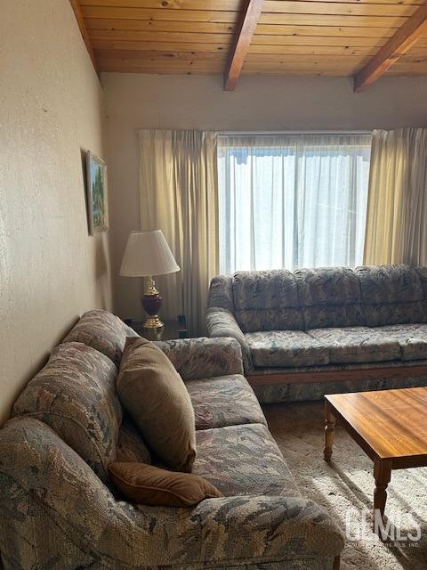 living room with beam ceiling and wood ceiling