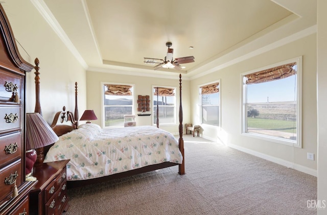 carpeted bedroom with a raised ceiling and ceiling fan