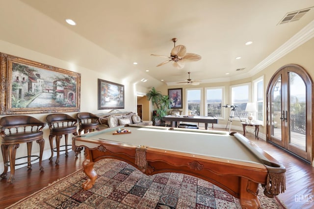 game room with dark hardwood / wood-style floors, ceiling fan, pool table, and french doors