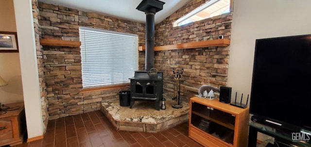 interior details featuring a wood stove