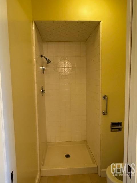 bathroom with a shower stall and toilet