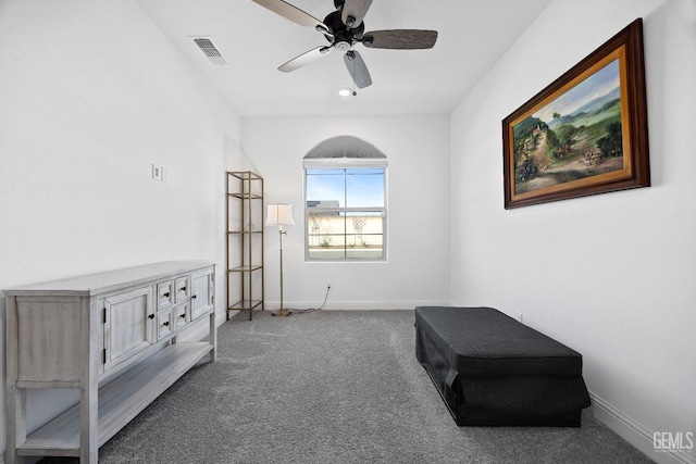 bedroom featuring carpet, visible vents, ceiling fan, and baseboards