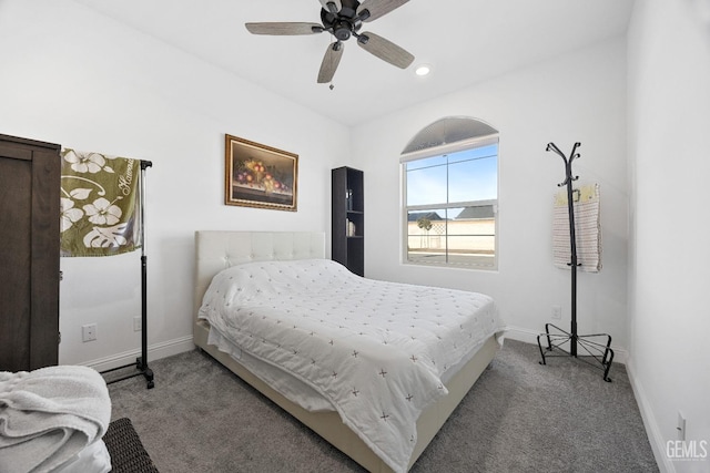 bedroom featuring ceiling fan, baseboards, carpet flooring, and recessed lighting