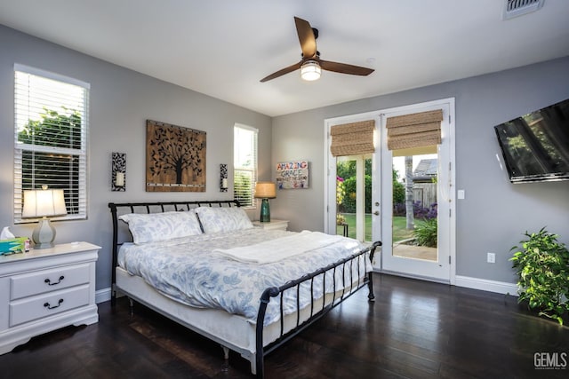 9900 Swansboro Way, Bakersfield, CA 93314 - bedroom featuring access to outside, baseboards, french doors, dark wood-style flooring, and a ceiling fan