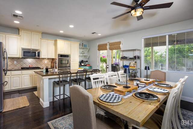 9900 Swansboro Way, Bakersfield, CA 93314 - dining space with recessed lighting, a ceiling fan, and dark wood finished floors