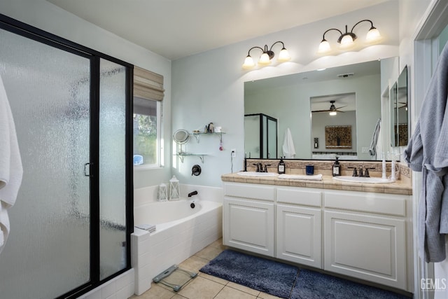 9900 Swansboro Way, Bakersfield, CA 93314 - bathroom featuring a shower stall, a ceiling fan, a garden tub, and double vanity