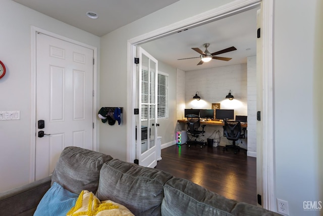 9900 Swansboro Way, Bakersfield, CA 93314 - living area with a desk, wood finished floors, ceiling fan, french doors, and baseboards