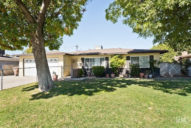 single story home with stucco siding, an attached garage, fence, driveway, and a front lawn